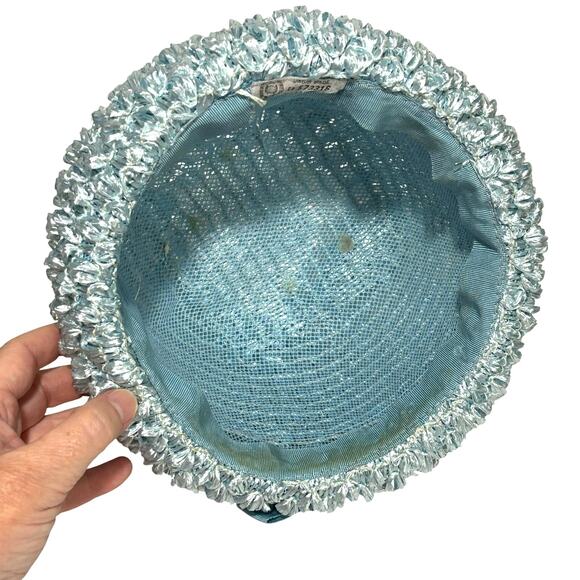 Blue straw hat with bow bowler style upturned rim union label mid century church - Picture 2 of 9